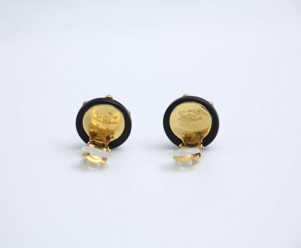 Chanel Vintage 96C Resin Black and Gold Polka Dot Clip-on Earrings