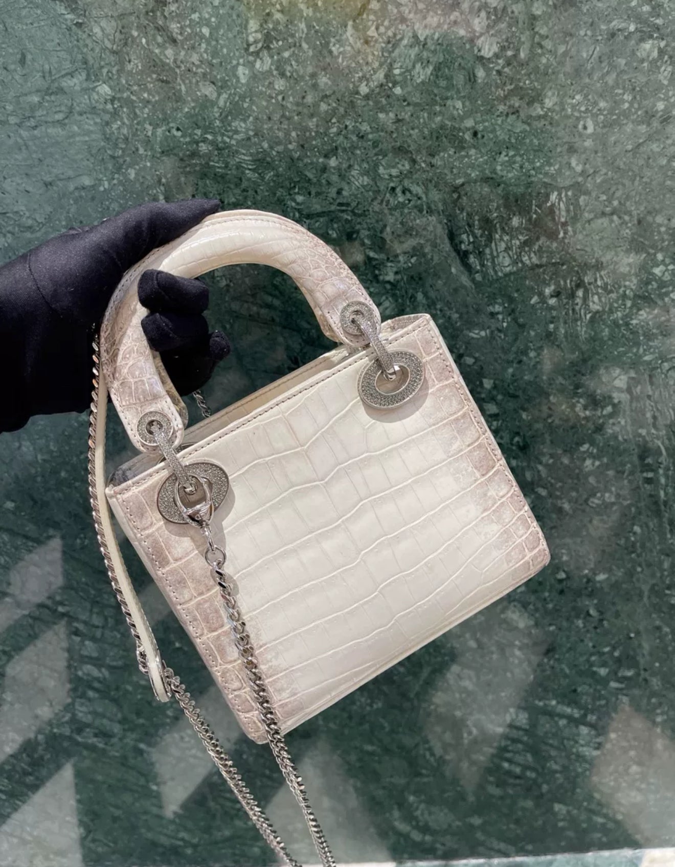 CHRISTIAN DIOR MINI LADY DIOR IN WHITE HIMALAYAN CROCODILE LEATHER  DIAMONDS