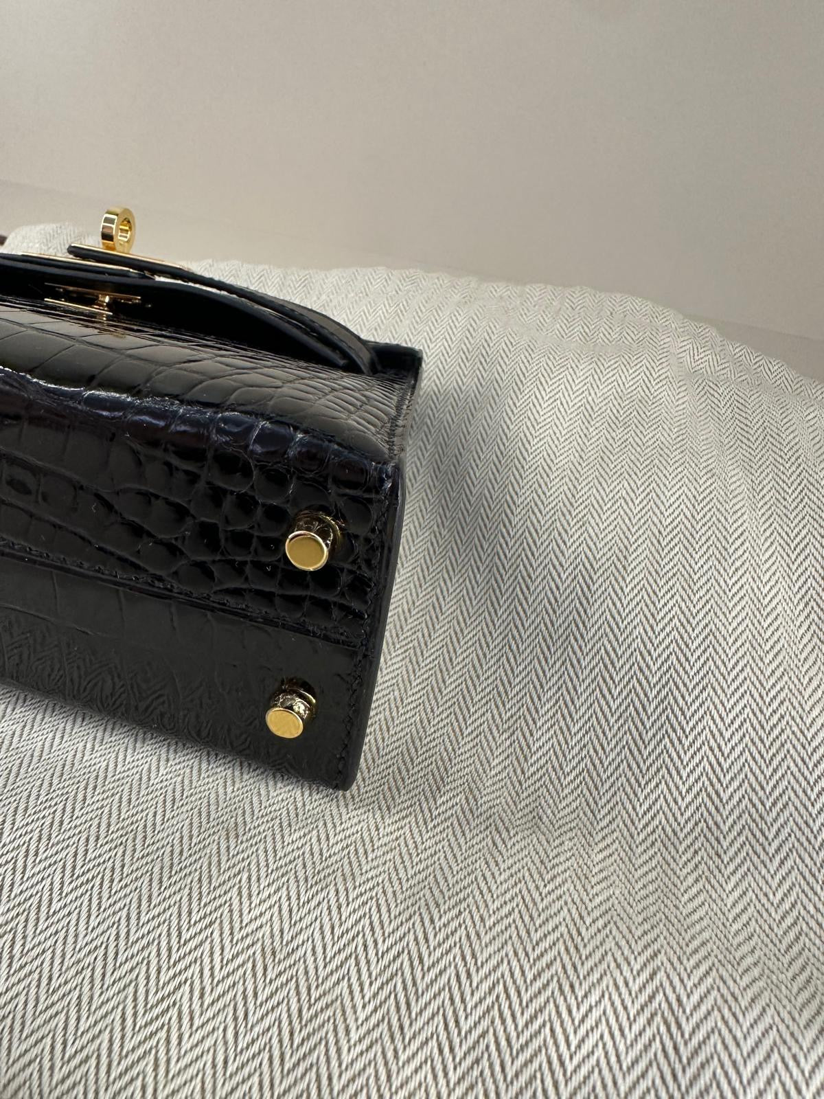 Hermès Mini Kelly Black Shiny Alligator Gold Hardware