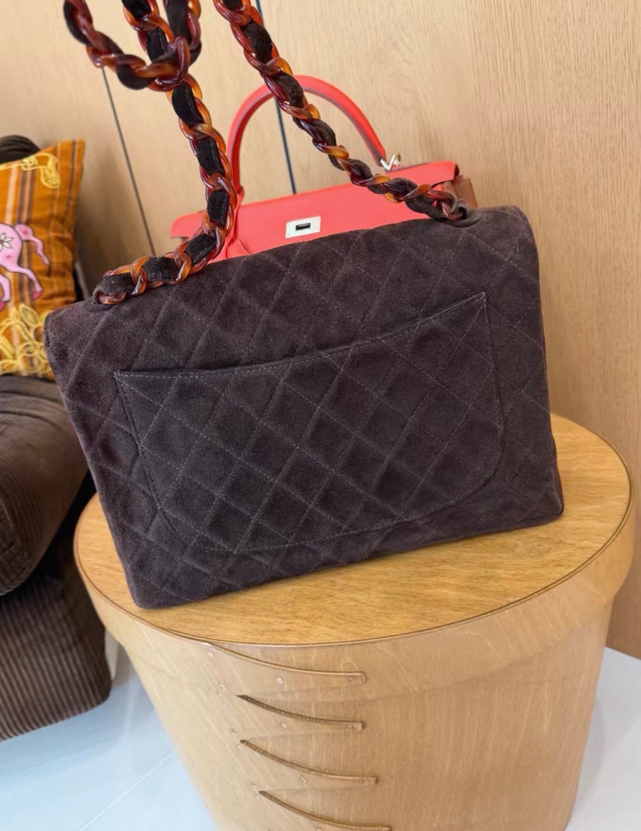 Chanel Maxi Fla Bag in brown suede leather with tortoise hardware