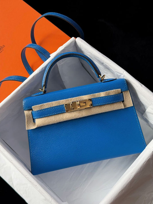 Hermes Mini Kelly 20 Bleu Zanzibar Chevre Gold Hardware
