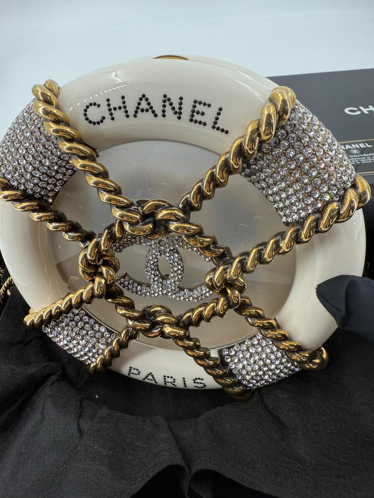 Chanel White Strass and Resin Nautical Wheel Minaudière Bronze Hardware, 2018 Métiers Dart