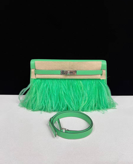 Hermès Kelly Elan Foile Vert Comics Chevre and Ostrich Feather Palladium Hardware