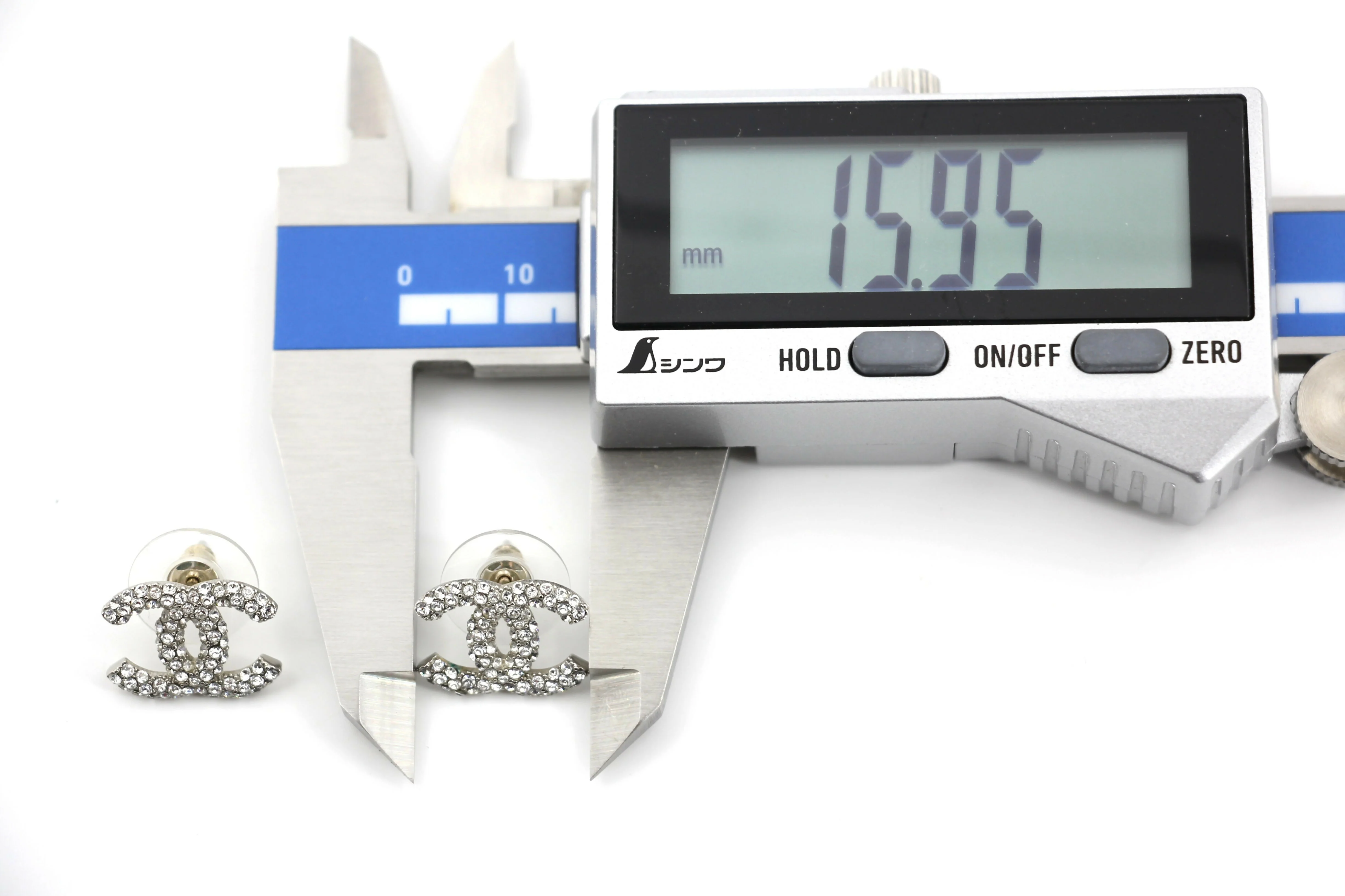 Chanel B18S Rhinestone Classic Silver CC Stud Earrings