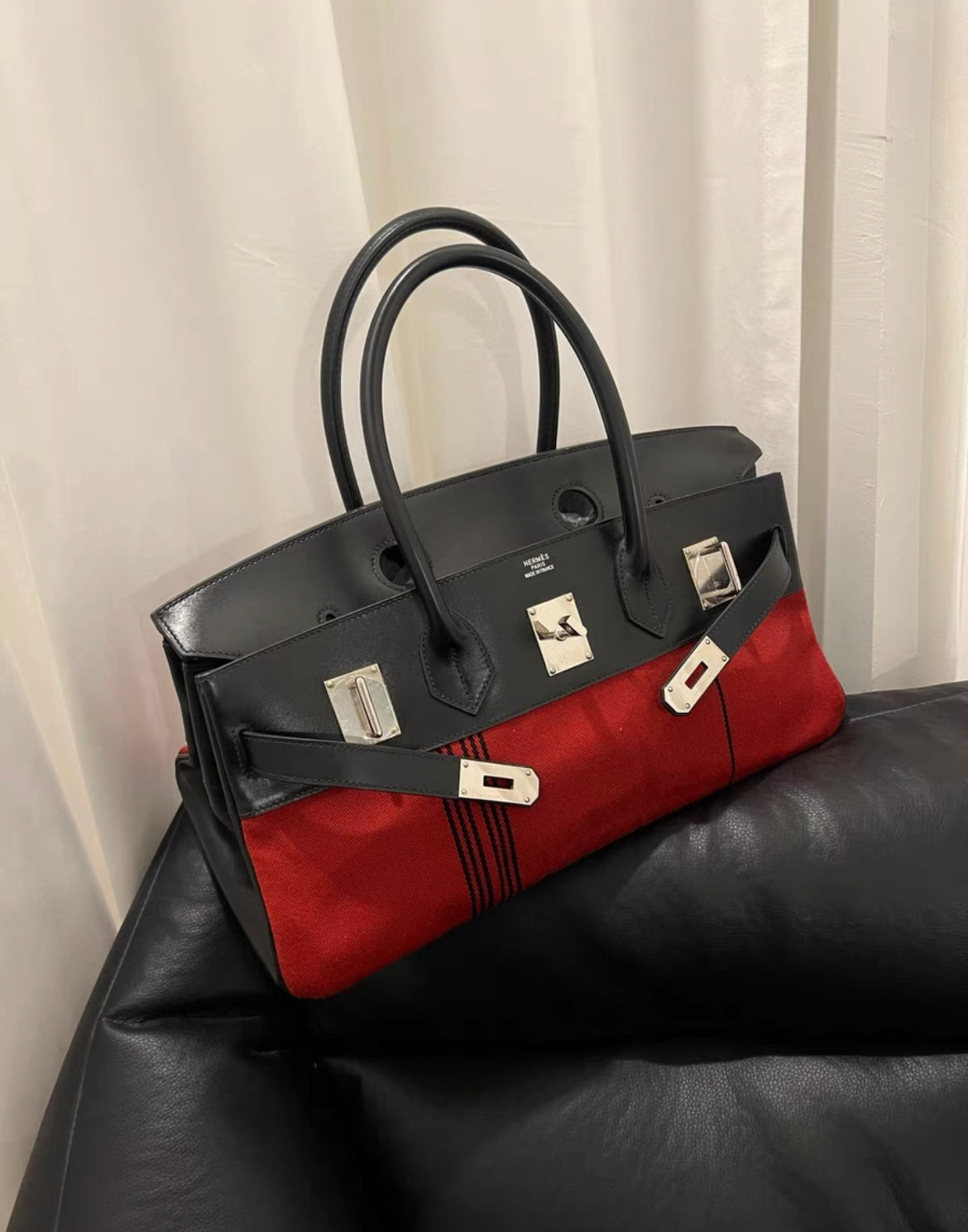 Hermès shoulder birkin Burgundy Potamos Canvas and Black Box Calf Palladium Hardware