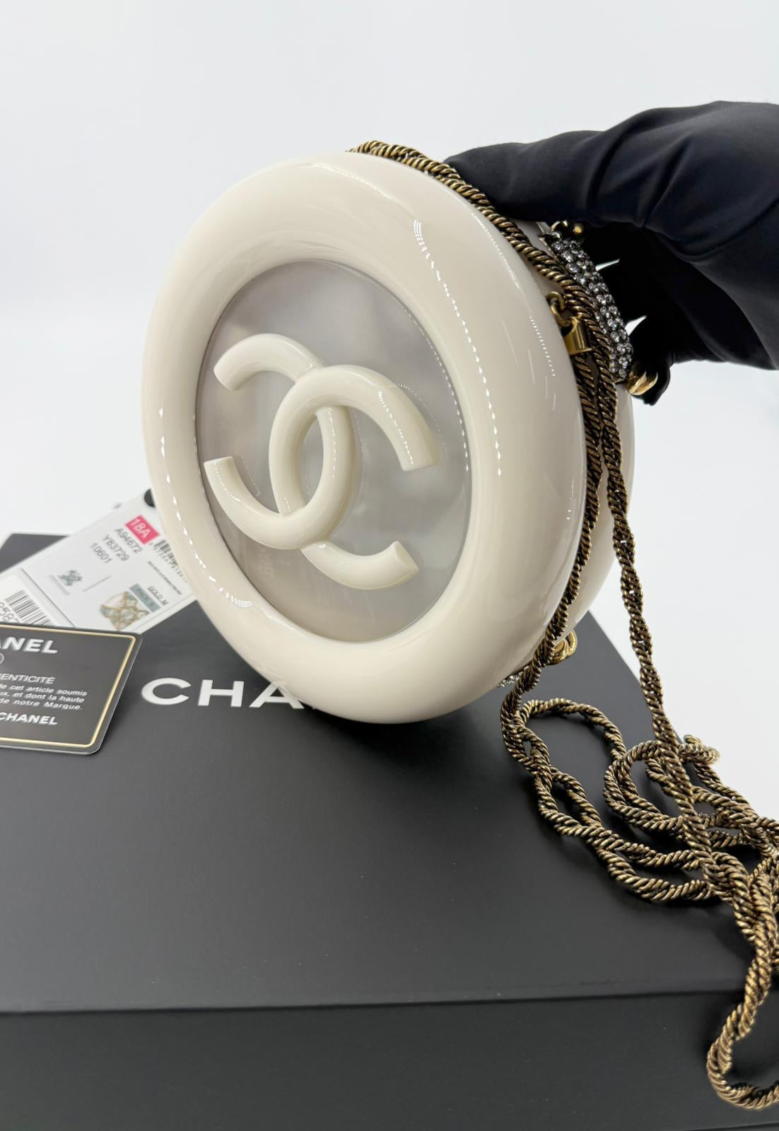 Chanel White Strass and Resin Nautical Wheel Minaudière Bronze Hardware, 2018 Métiers Dart