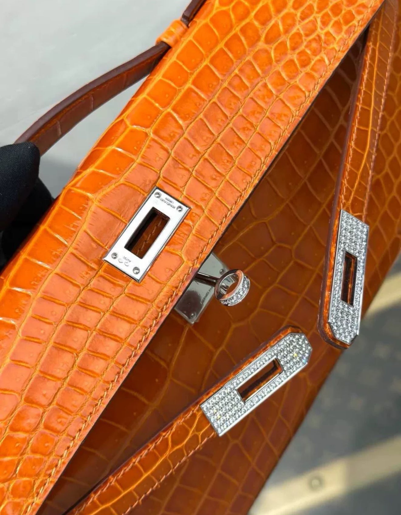 Hermes Kelly Cut Orange Crocodile Leather White Gold Diamond Hardware