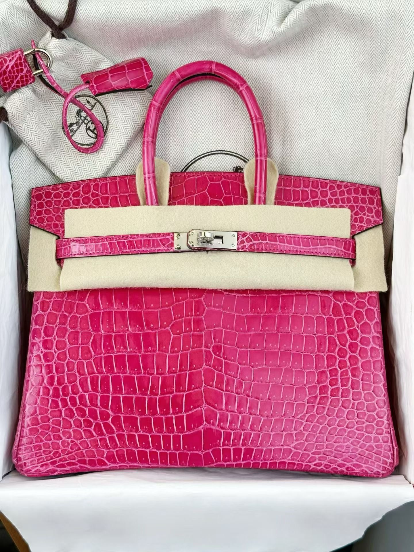 Hermes Birkin 25 Rose Mexico Shiny Porosus crocodile leather palladium hardware