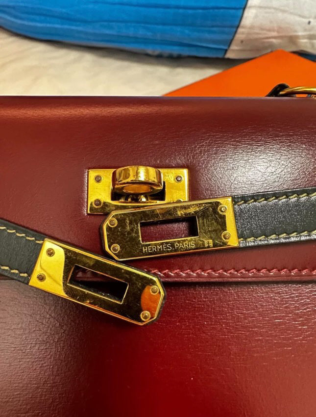 HERMES 80s KELLY 20 two Color’s Burgundy  Black Box Calf leather