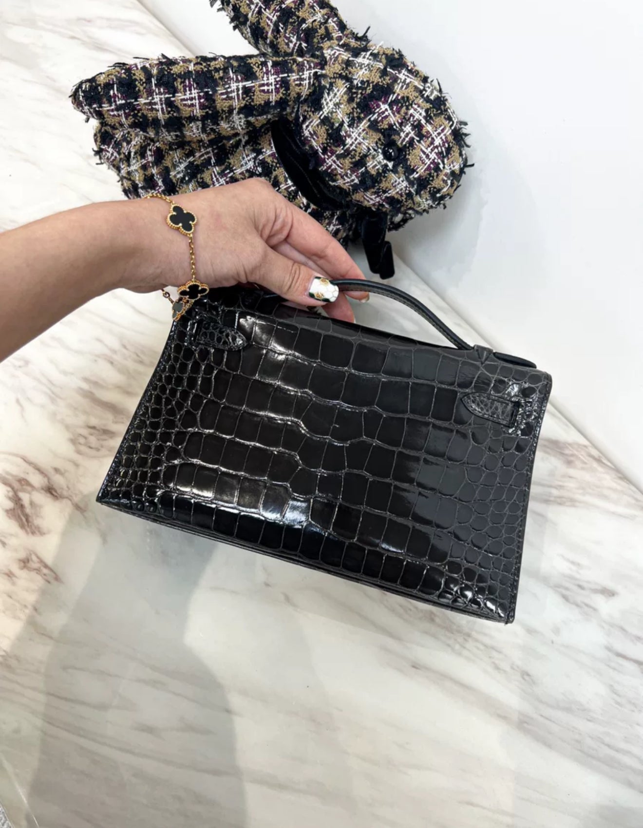 Hermès Kelly Pochette Black Shiny Alligator Gold Hardware