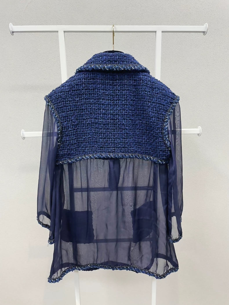 Chanel top in navy blue tulle and tweed