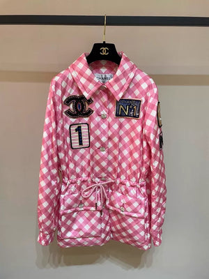 Chanes 23C pink plaid trench coat