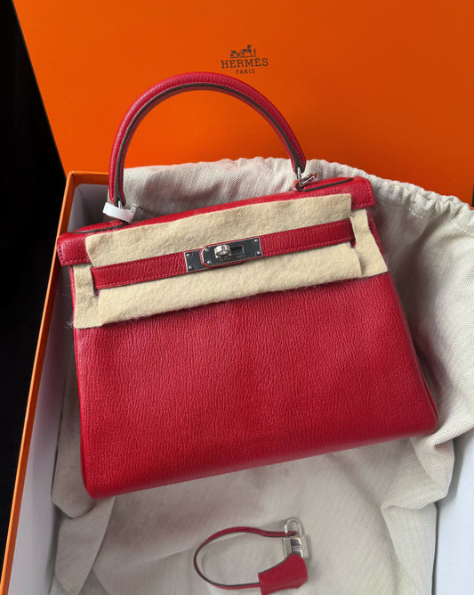 Hermès Kelly Sellier 28 Rouge Casaque Chèvre Mysore with Palladium Hardware