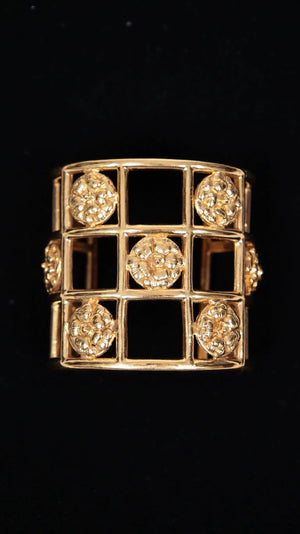 Chanel Plain Gold 3D Camellia Openwork Wide Bangle