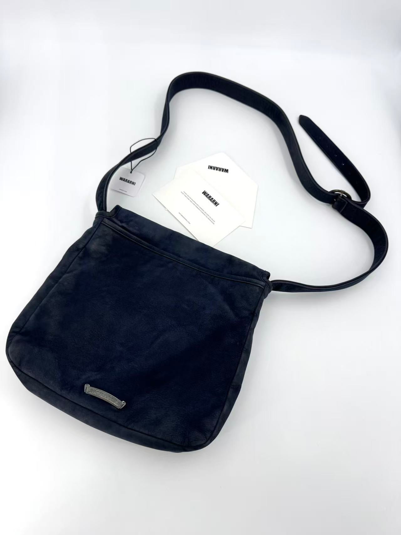 Chrome Hearts navy blue suede flared cross flap messenger bag