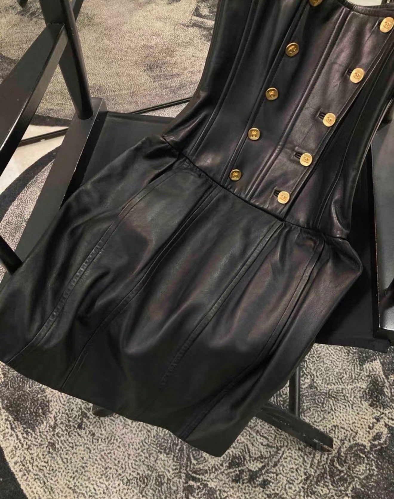 Rare Chanel 1993 Black Leather Dress with Gold Chain, FR36