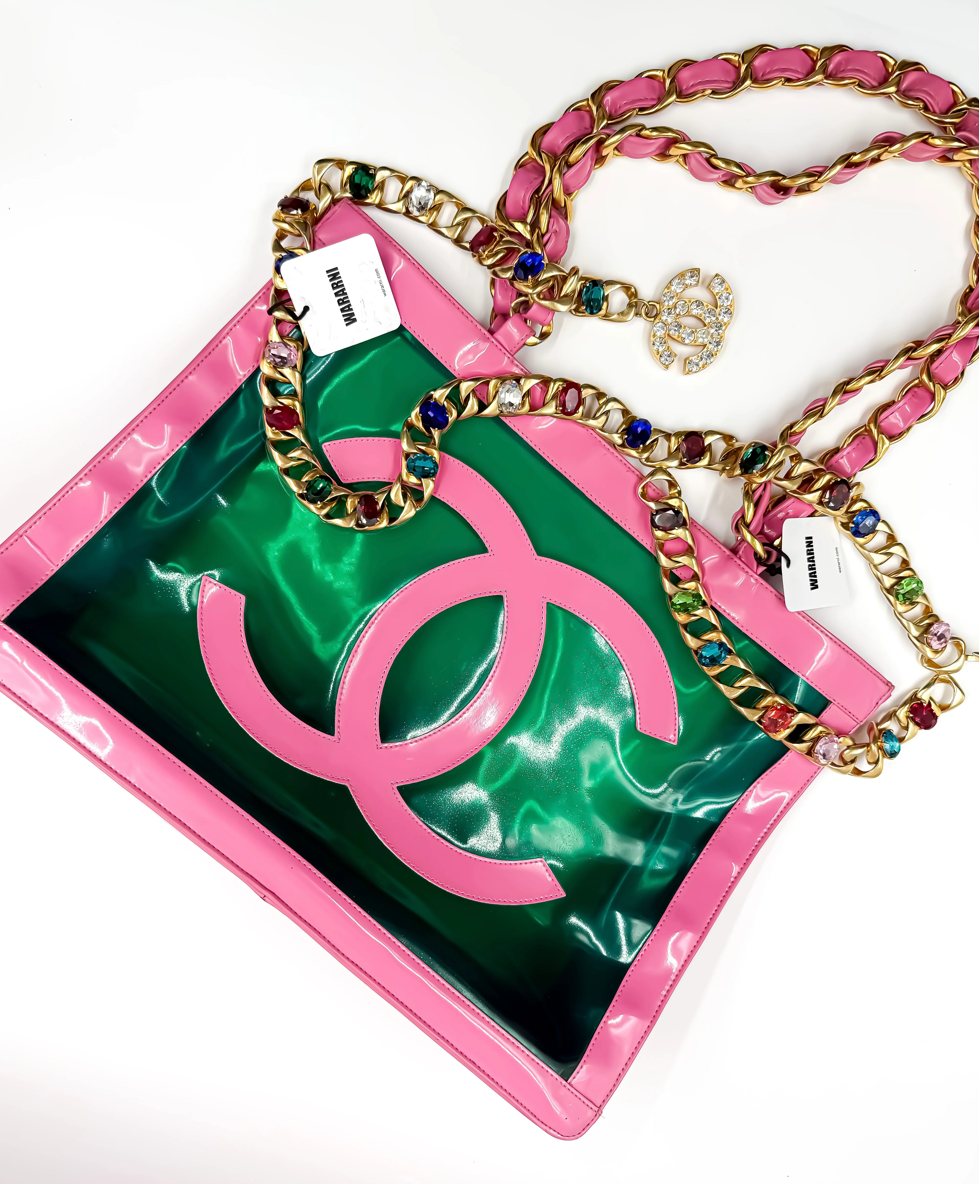 Chanel 1995 Spring/Summer Barbie Collection Vintage Pink Patent and Green PVC Tote