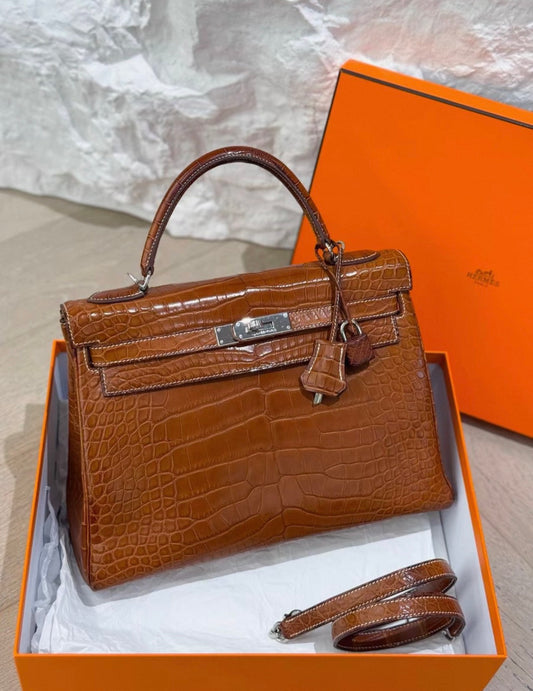 Hermès Kelly 32 Fauve Barenia gold matte crocodile leather palladium hardware