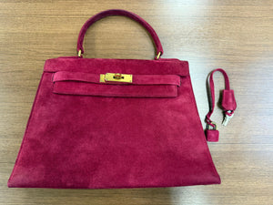 Hermes Kelly 28 Pink Rose Doblis Suede leather gold hardware
