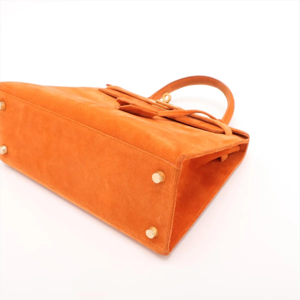 Hermes Kelly 25 Orange Doblis Suede Leather Gold Hardware