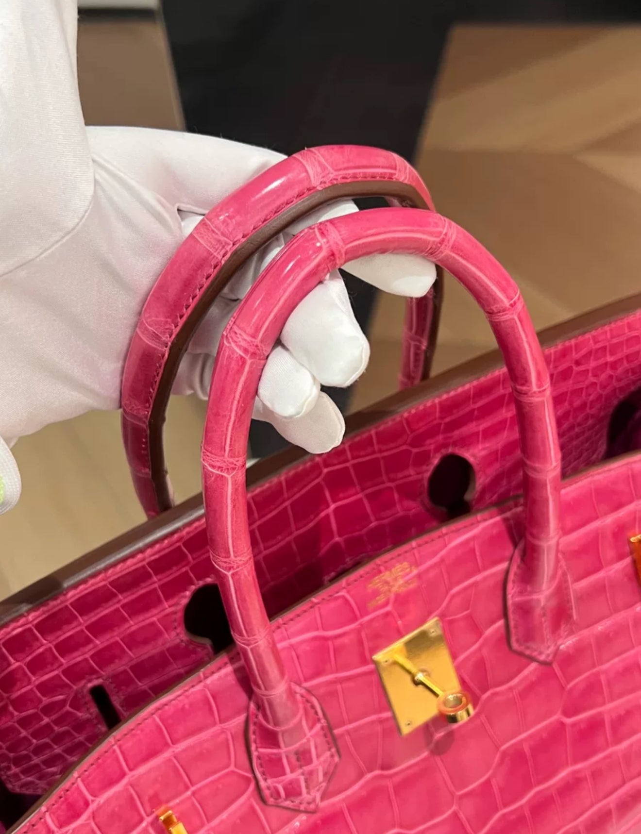 Hermes Birkin 35 Pink Shiny Crocodile Gold Hardware