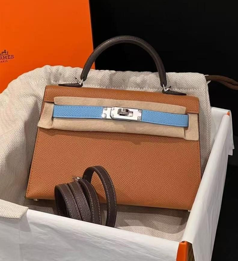 Hermes Mini Kelly 20 Tricolor Bleu Celeste / Gold / Ecorce Epsom Palladium hardware