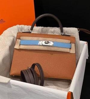 Hermes Mini Kelly 20 Tricolor Bleu Celeste / Gold / Ecorce Epsom Palladium hardware