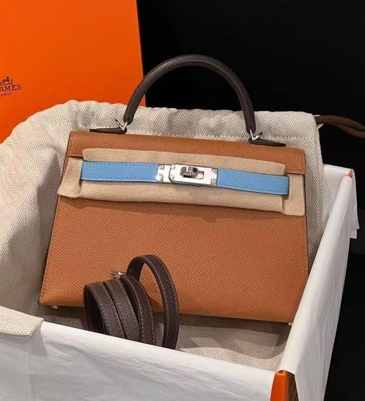 Hermes Mini Kelly 20 Tricolor Bleu Celeste / Gold / Ecorce Epsom Palladium hardware