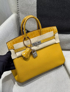 Hermès Birkin 25 Touch Jaune Amber Togo Leather  Shiny Niloticus Crocodile
