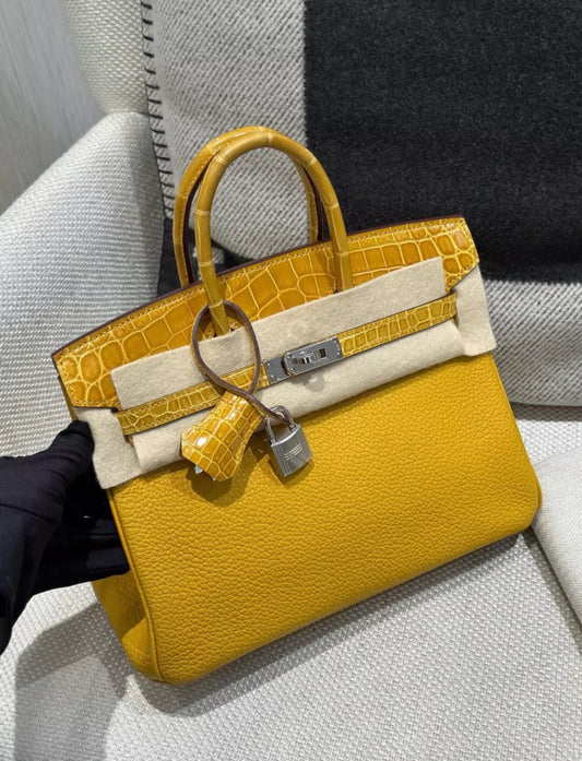 Hermès Birkin 25 Touch Jaune Amber Togo Leather  Shiny Niloticus Crocodile