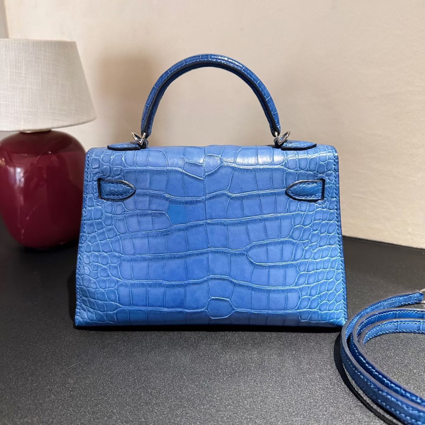 Hermes Mini Kelly 20 Blue Mykonos Matte alligator palladium hardware