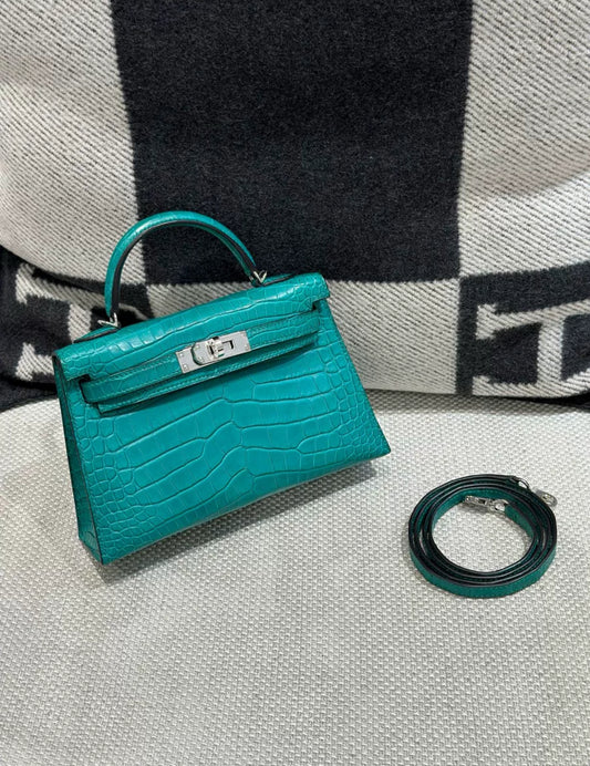 Hermes Mini Kelly Green Malachite Matte Alligator Leather Palladium Hardware