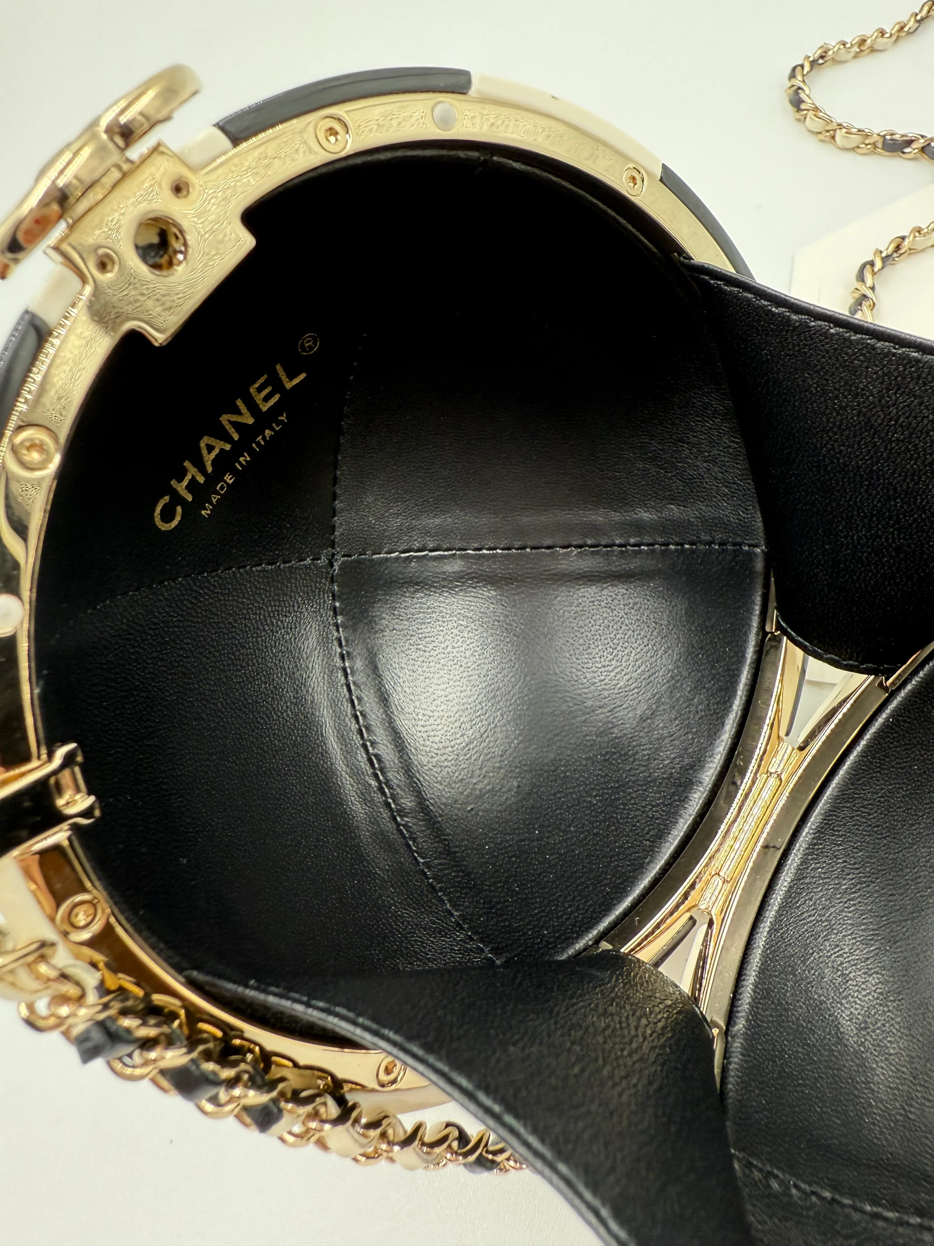 Chanel 23C Black & White Resin & Enamel Checker Sphere Minaudiere with Light Gold Hardware
