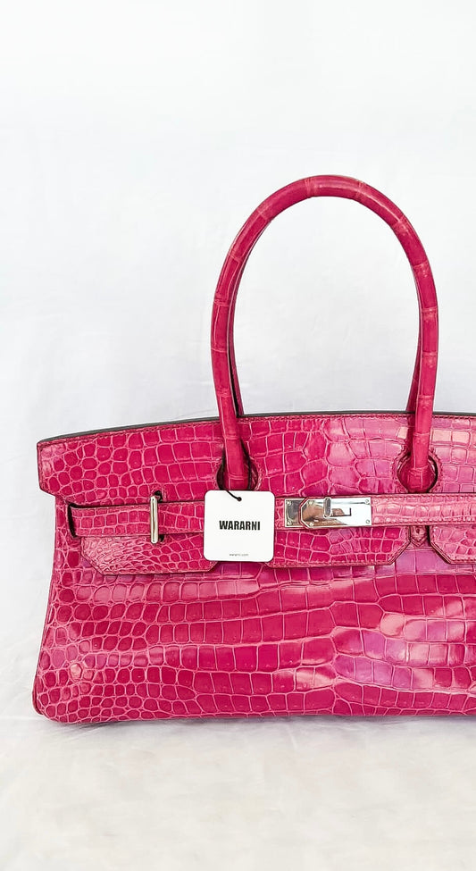Hermès Birkin Shoulder JPG 42 Rose Scheherazade Shiny Porosus Crocodile Palladium Hardware – Ultra Rare Collector Piece