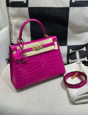 HERMES KELLY 25 SELLIER ROSE SCHEHERAZADE CROCODILE LISSE SHINY GOLD HARDWARE