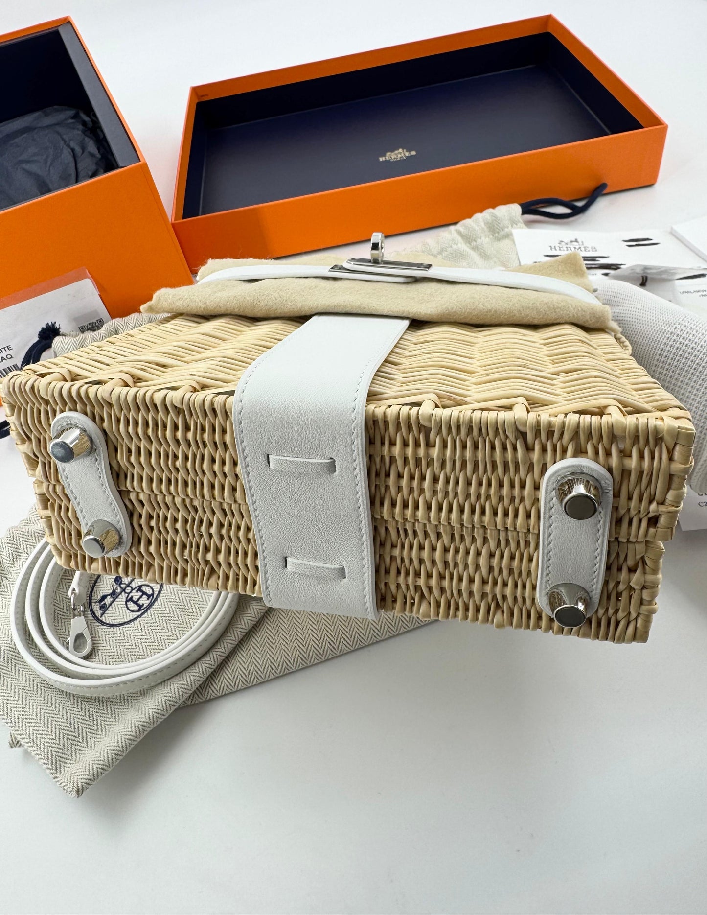 Hermès Mini Kelly 20 “Picnic” White Swift Leather  Palladium Hardware