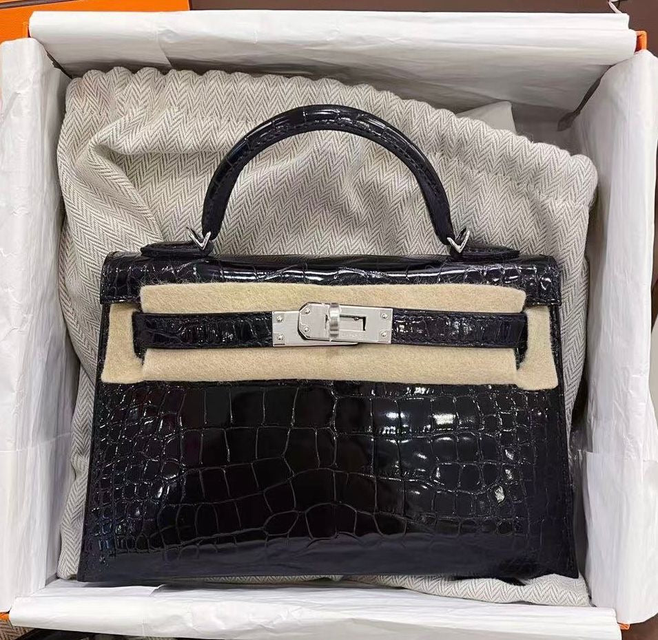 Hermes Mini Kelly 20 Black Shiny Alligator Palladium hardware