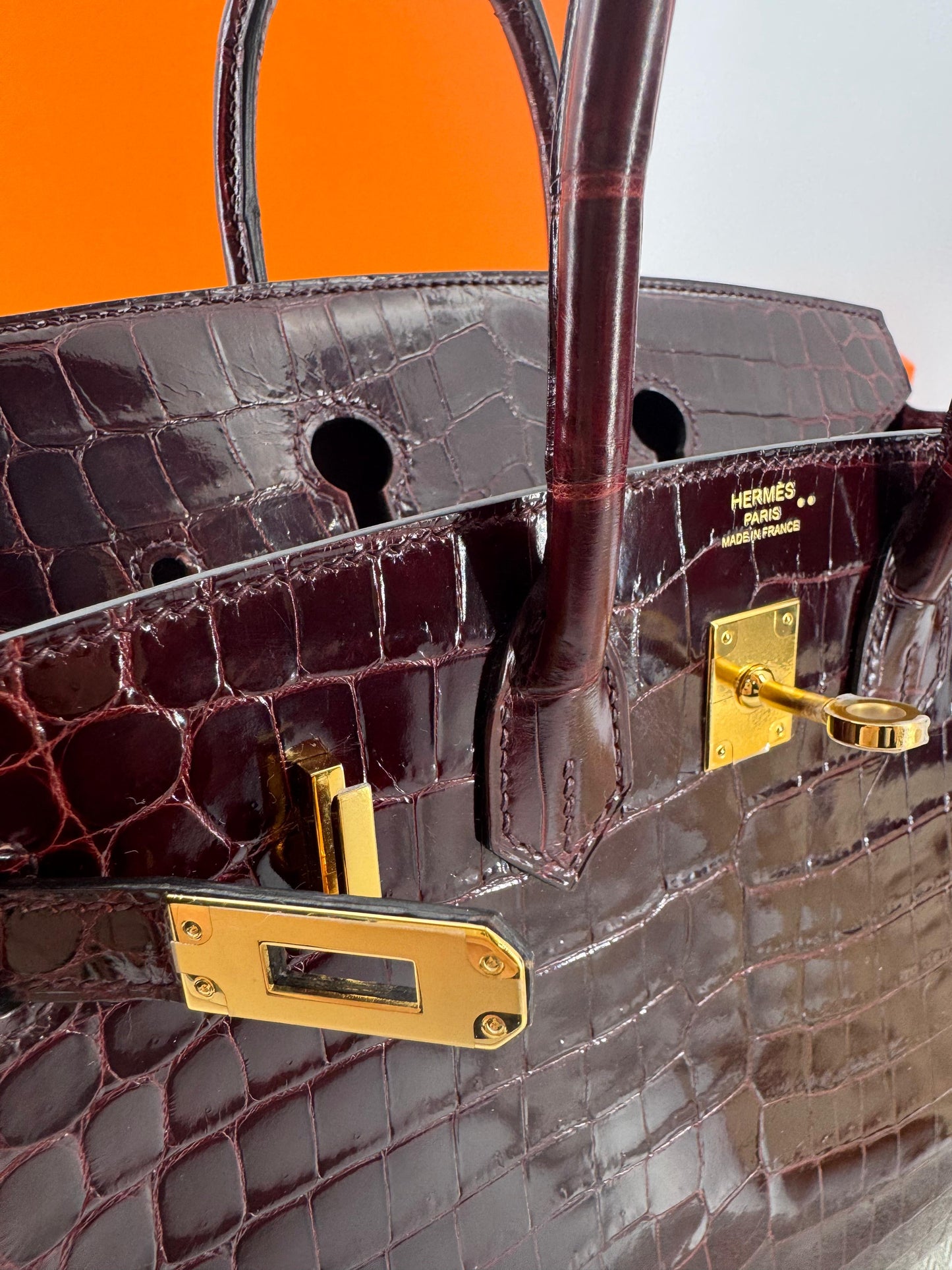 Hermes Birkin 25 Rouge Bordeaux Burgundy shiny crocodile leather gold hardware