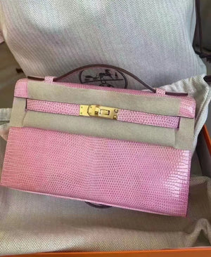 HERMÈS KELLY POCHETTE 5P BUBBLEGUM PINK LIZARD GOLD HARDWARE