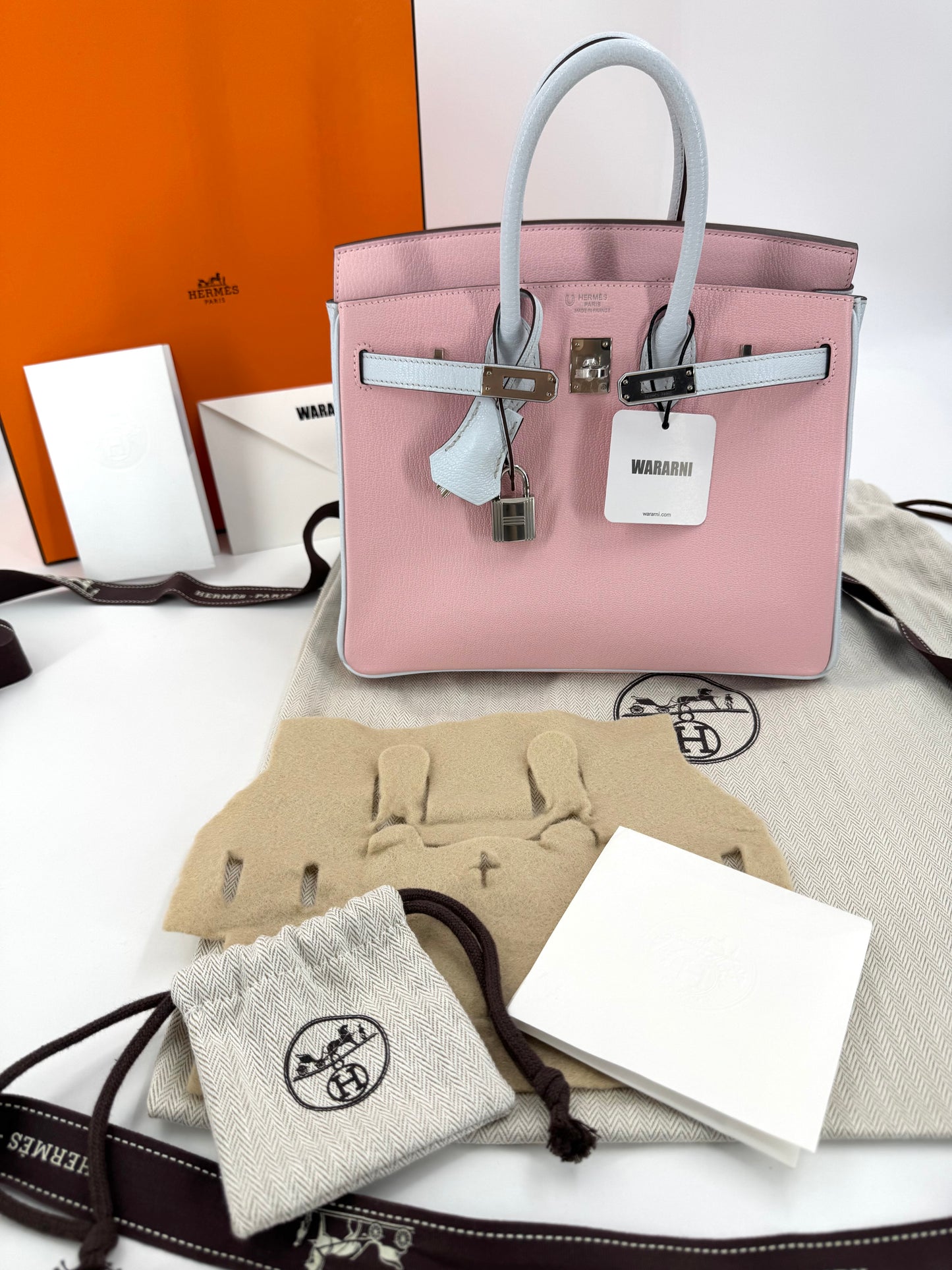 Hermès Birkin 25 3Q rose sakura pink  T0 Blue Brume Goatskin leather Brushed Palladium Hardware
