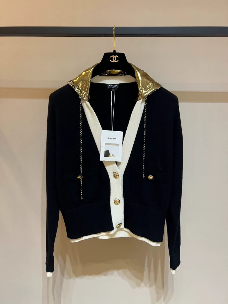 Chanes 2024 early spring collection black and gold sequined knitted hooded jacket
