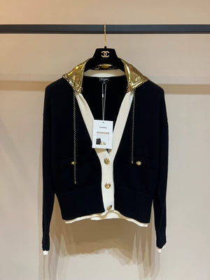 Chanes 2024 early spring collection black and gold sequined knitted hooded jacket