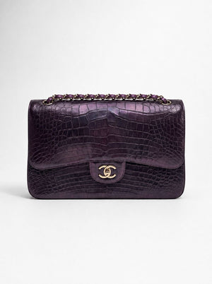 Rare**Chanel 2015 irisdent jumbo purple Crocodile flap bag