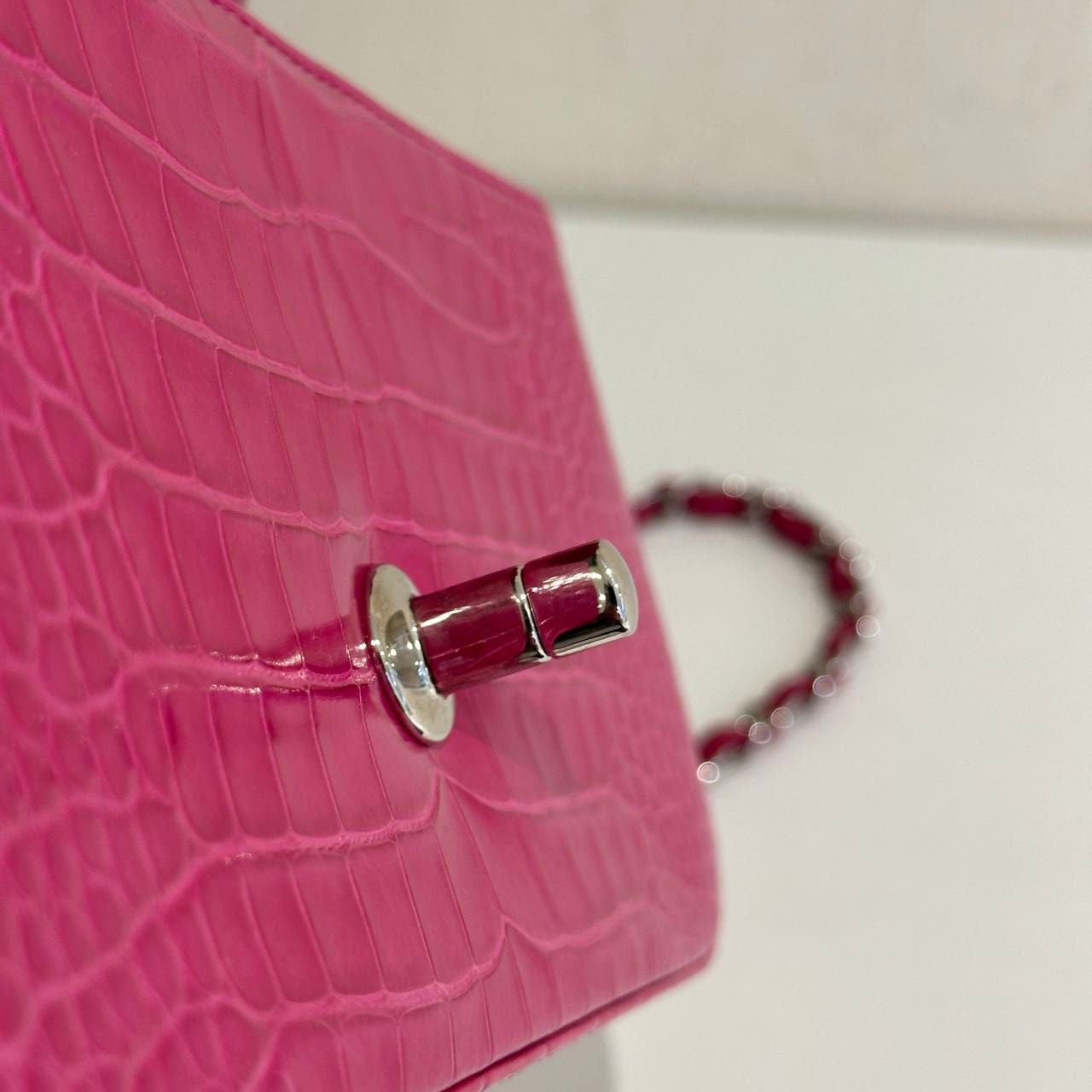 Chanel pink Alligator leather mini flap silver hardware