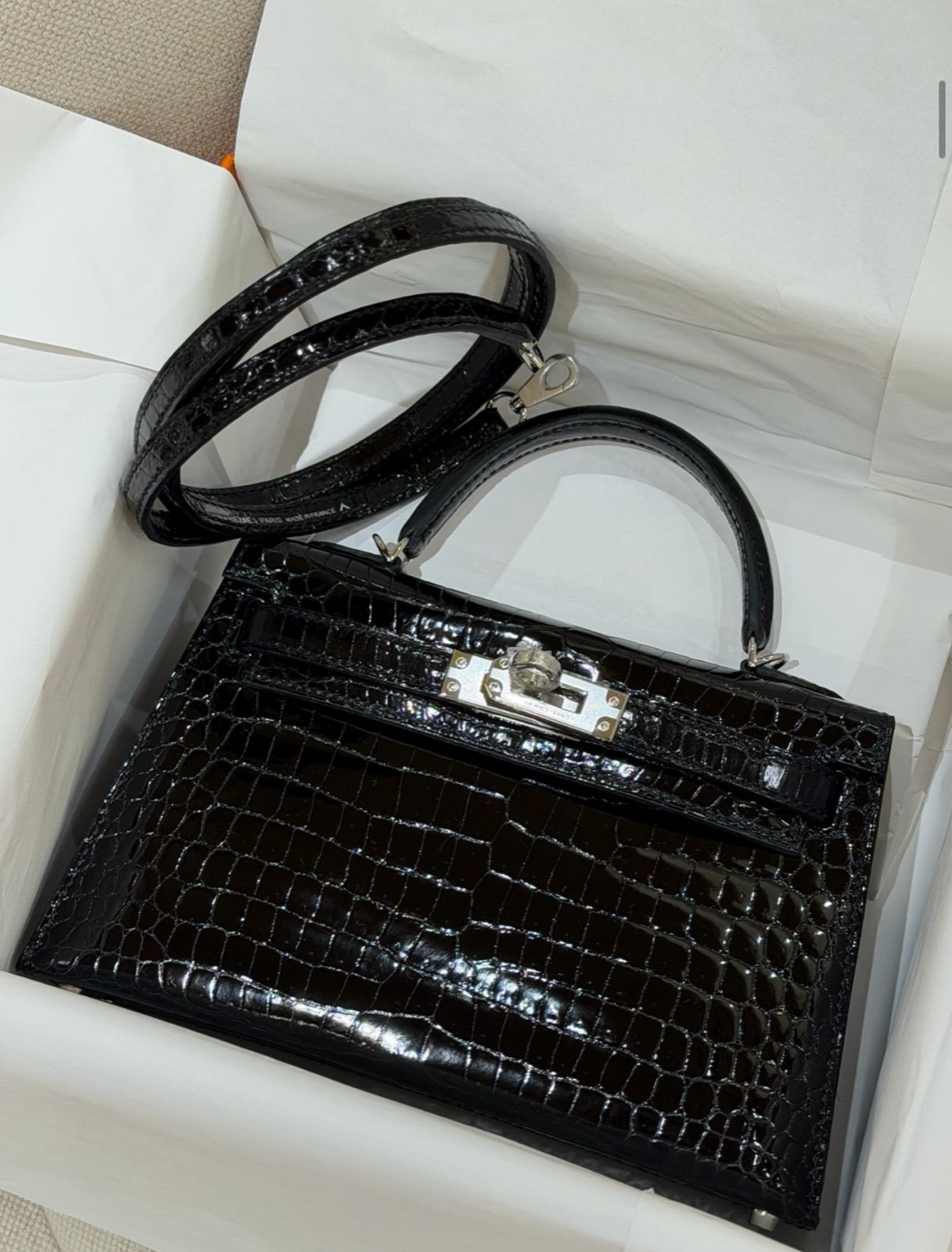 Hermes Mini Kelly 20 Black Shiny Porosus Palladium hardware