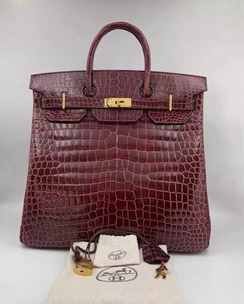 Hermes Birkin HAC 40 Bordeaux Burgundy Shiny crocodile leather gold hardware