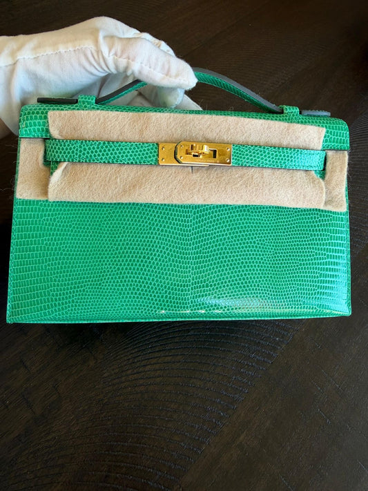 Hermes Kelly Pochette Menthe Lizard leather Gold hardware