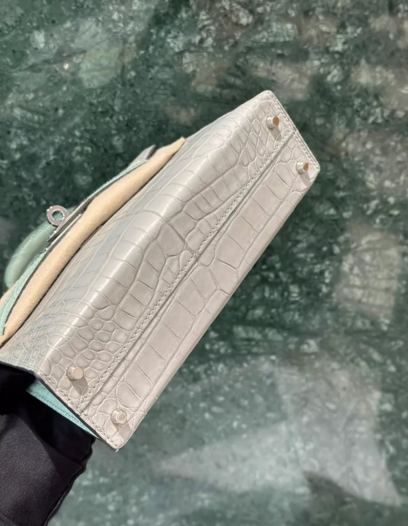 HERMÈS MINI KELLY 20 HSS GRIS PERLE AND VERT DEAU MATTE ALLIGATOR PALLADIUM HARDWARE