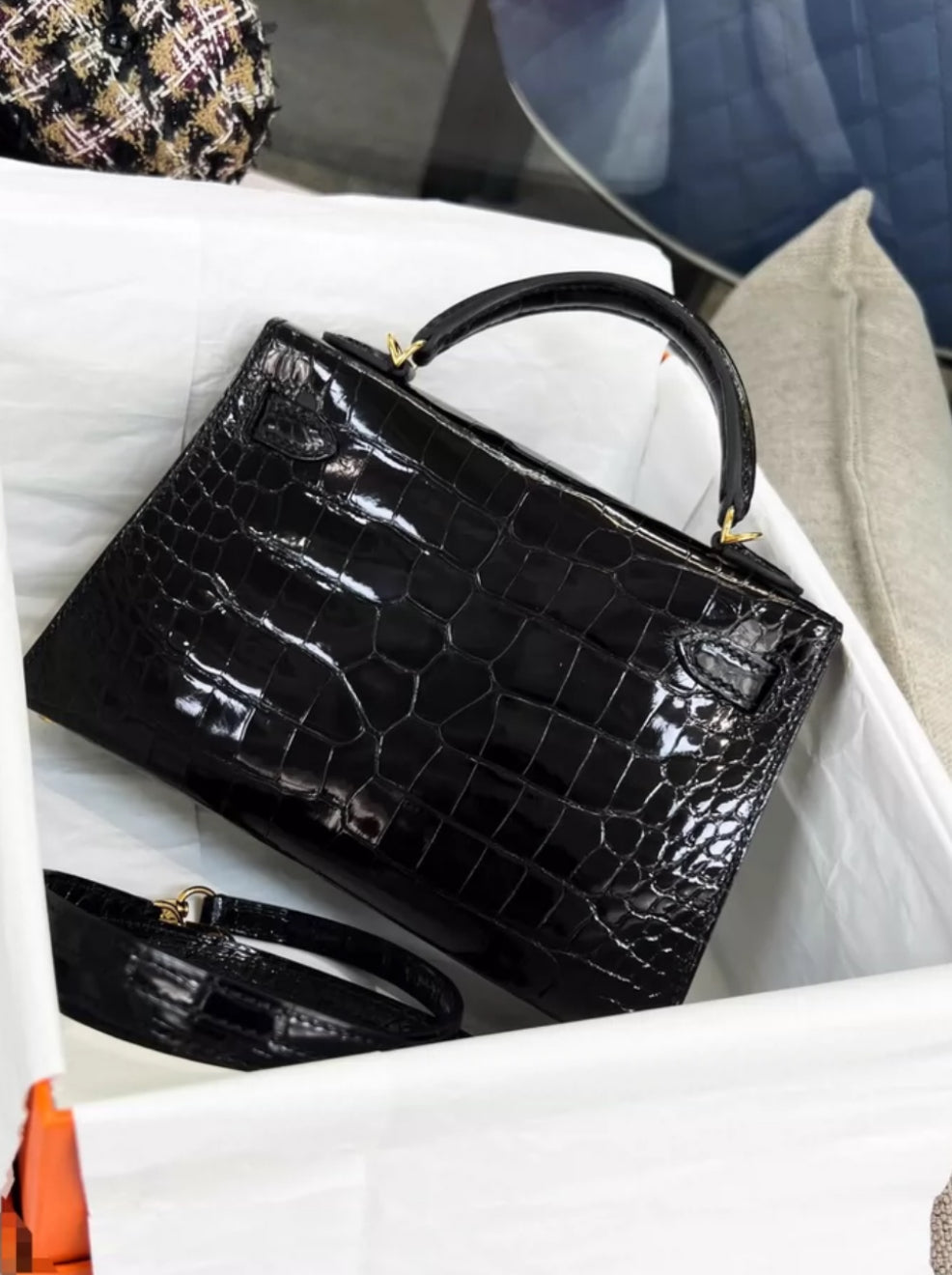 Hermès Mini Kelly Black Shiny Alligator Gold Hardware