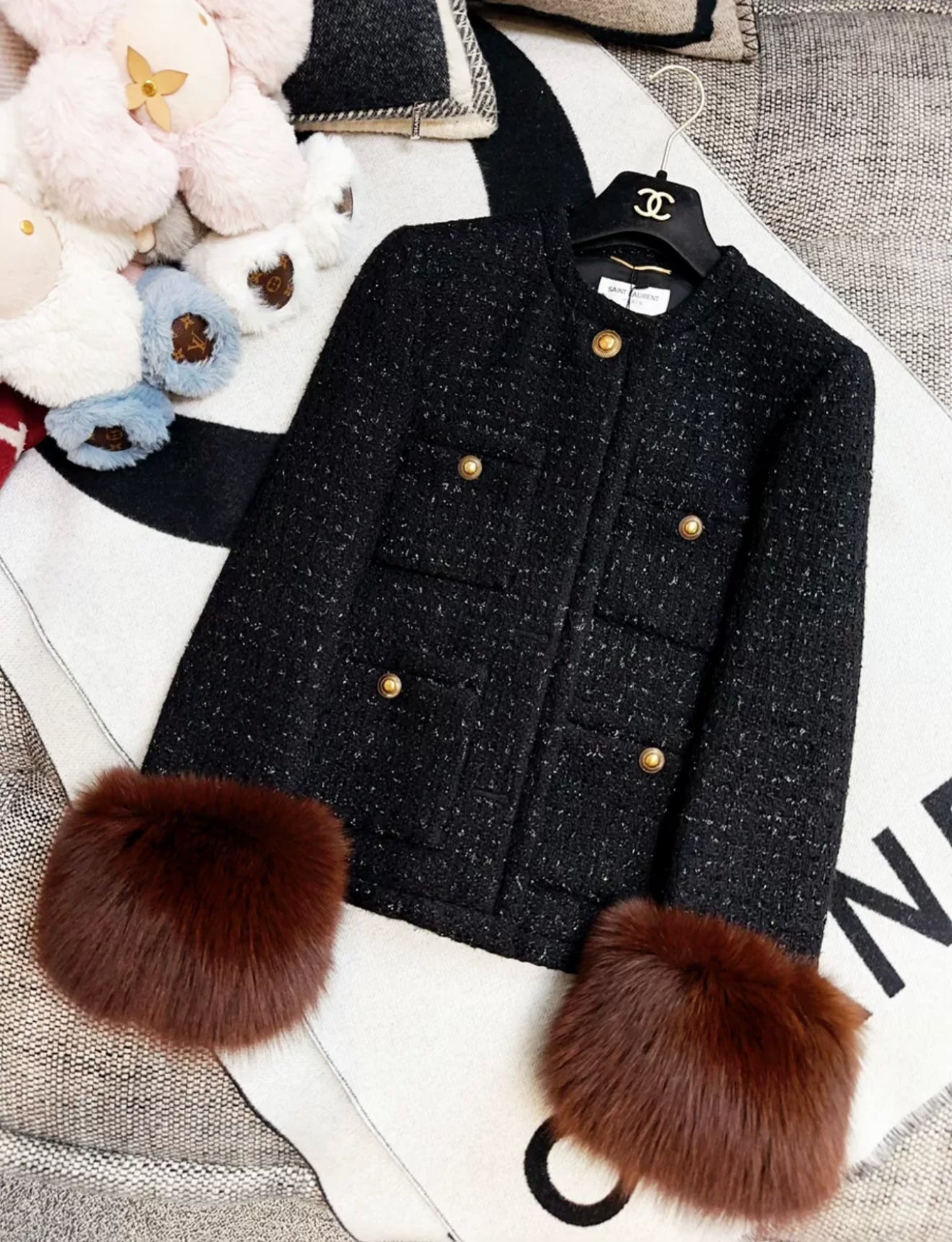 Saint Laurent Black Tweed Fur Jacket